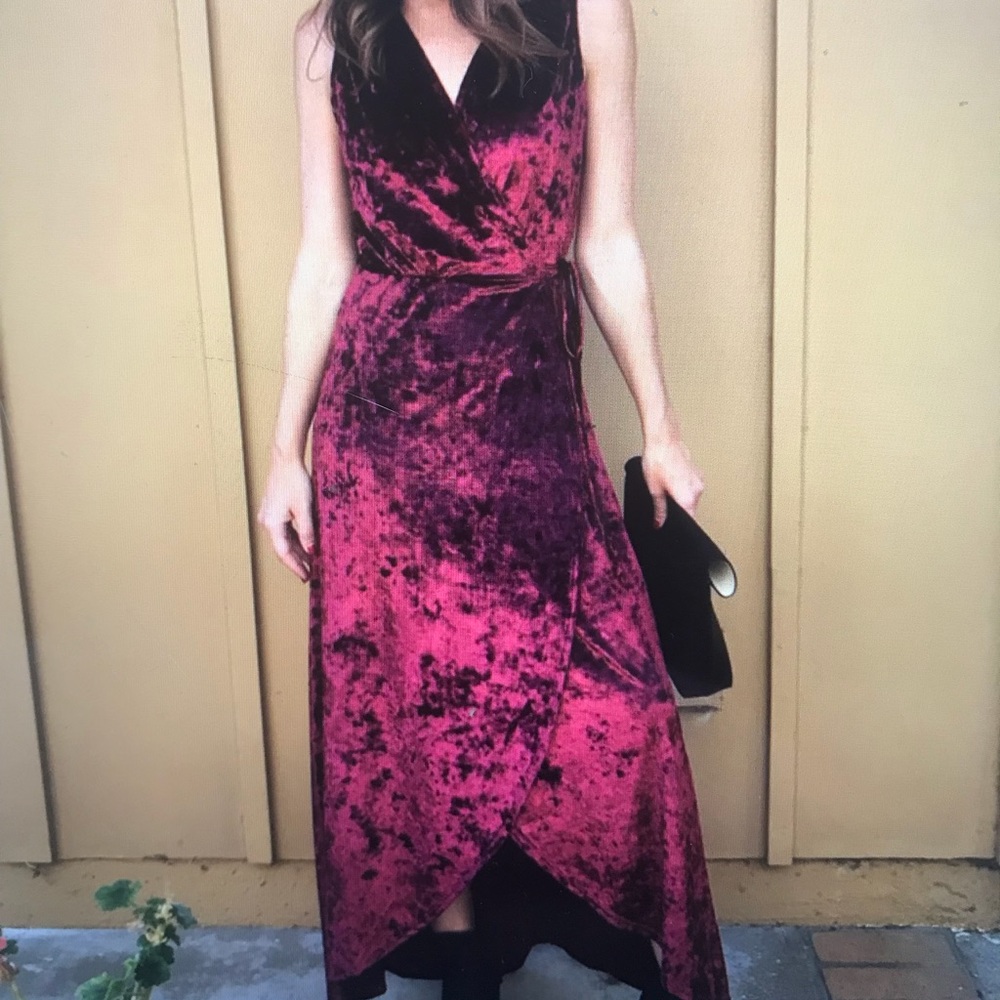 Red velvet wrap dress. Hi-low